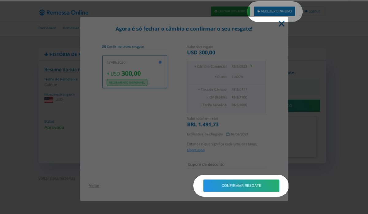 Imagem do site da Remessa Online com destaque para o botão "Receber dinheiro" e também para o botão "Confirmar resgate"